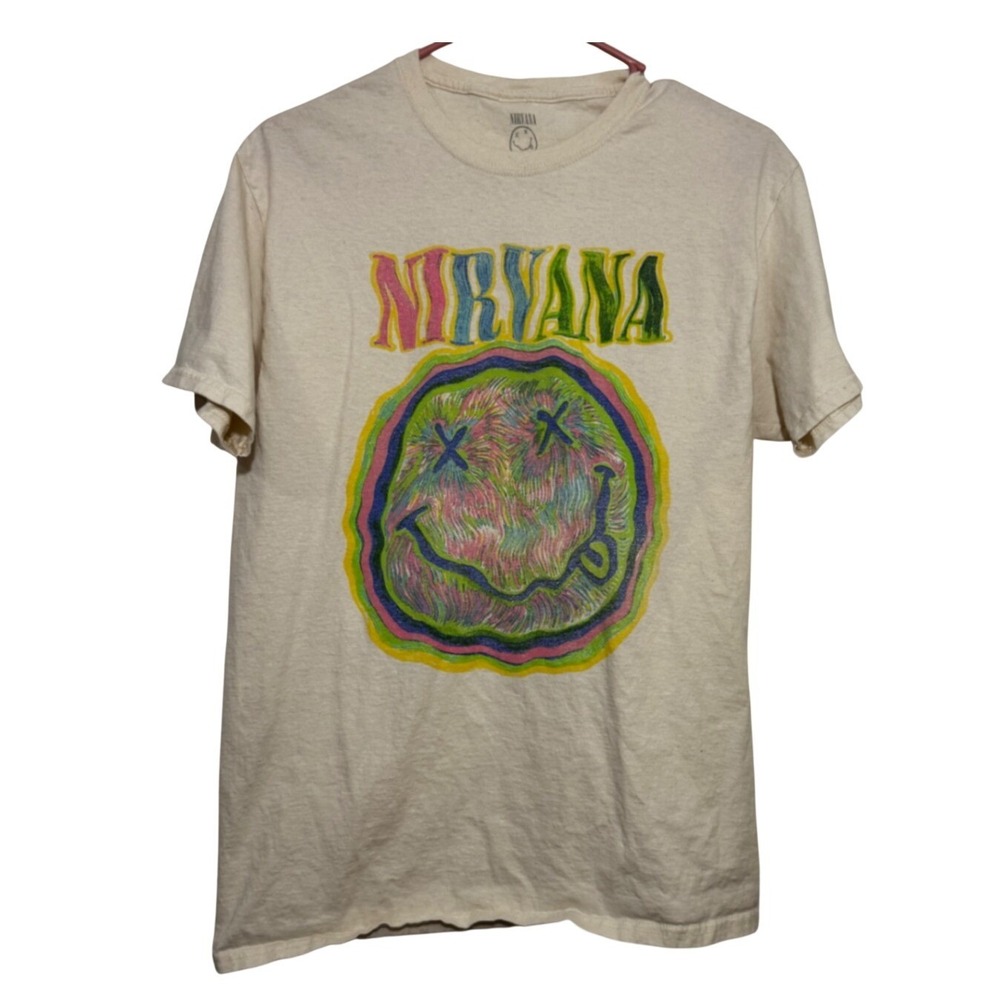 Nirvana T-Shirt Cream Multi-Color Sketch Smiley Graphic Mens Medium Rock Tee